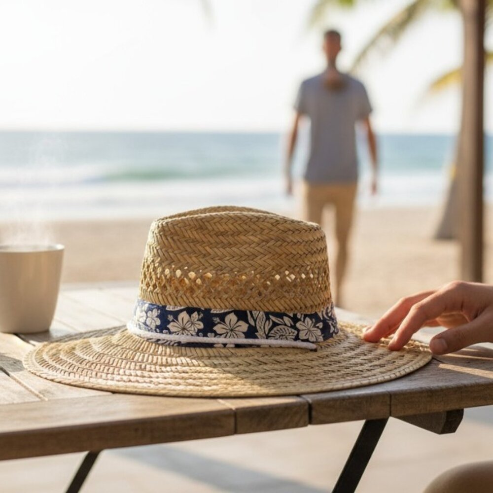 Vintage Woven Straw Lifeguard Hat with Floral Band